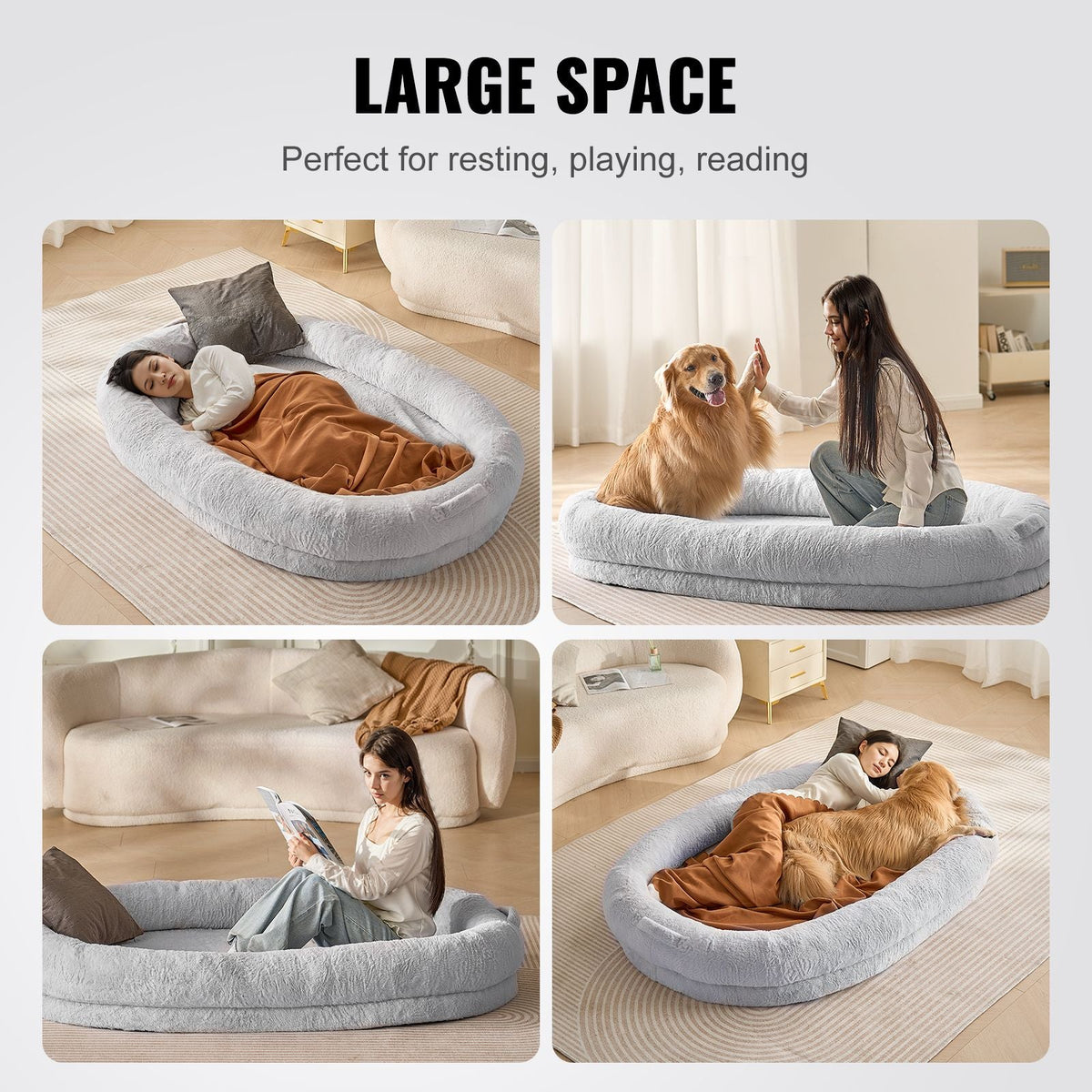 Human Dog Bed, 72" x48"x10" Human Dog Bed for Adult, Human Size Dog Bed with Washable Faux Rabbit Fur Cover, Egg Orthopedic Foam, Storage Pocket, Large Dog Bean Bed, Light Grey