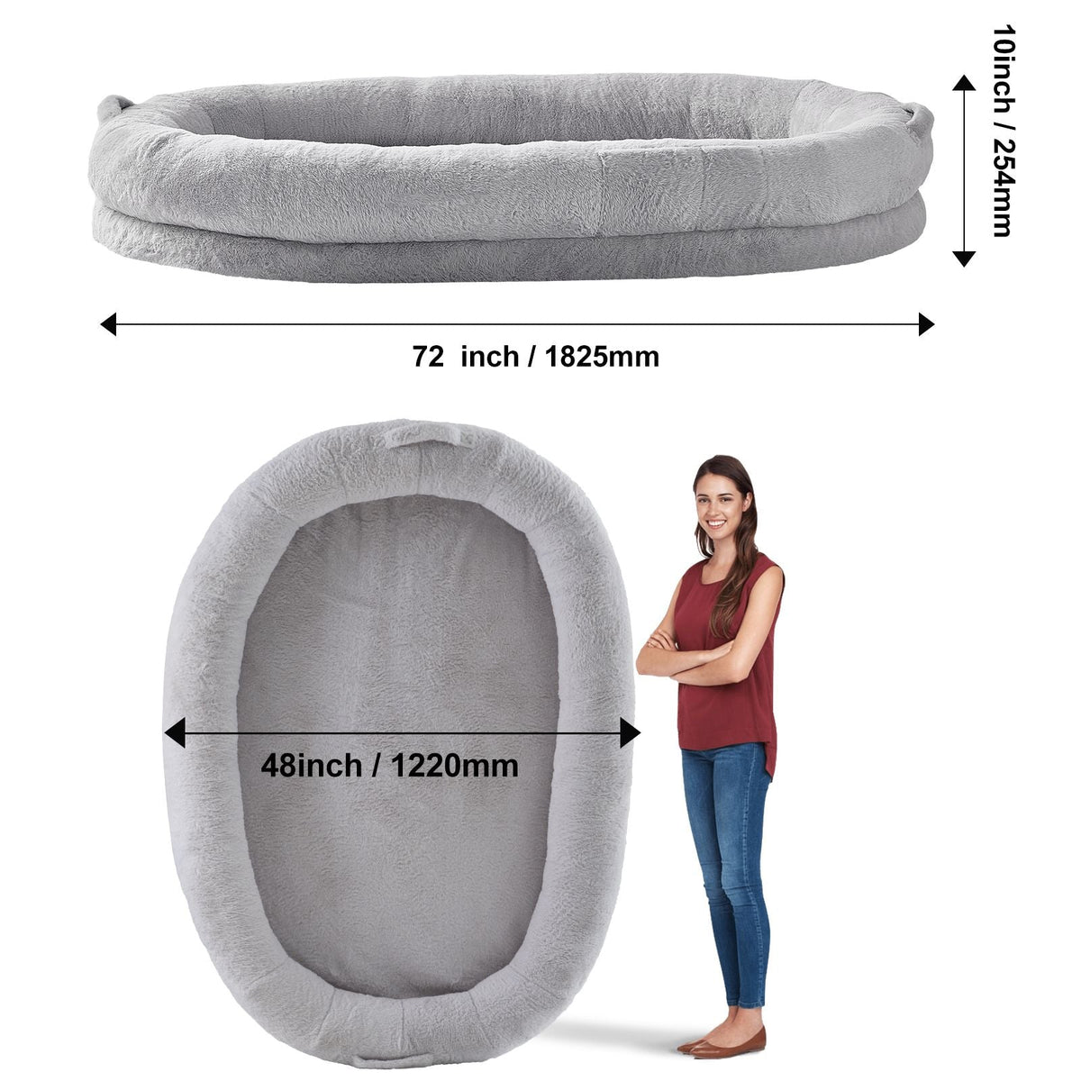 Human Dog Bed, 72" x48"x10" Human Dog Bed for Adult, Human Size Dog Bed with Washable Faux Rabbit Fur Cover, Egg Orthopedic Foam, Storage Pocket, Large Dog Bean Bed, Light Grey