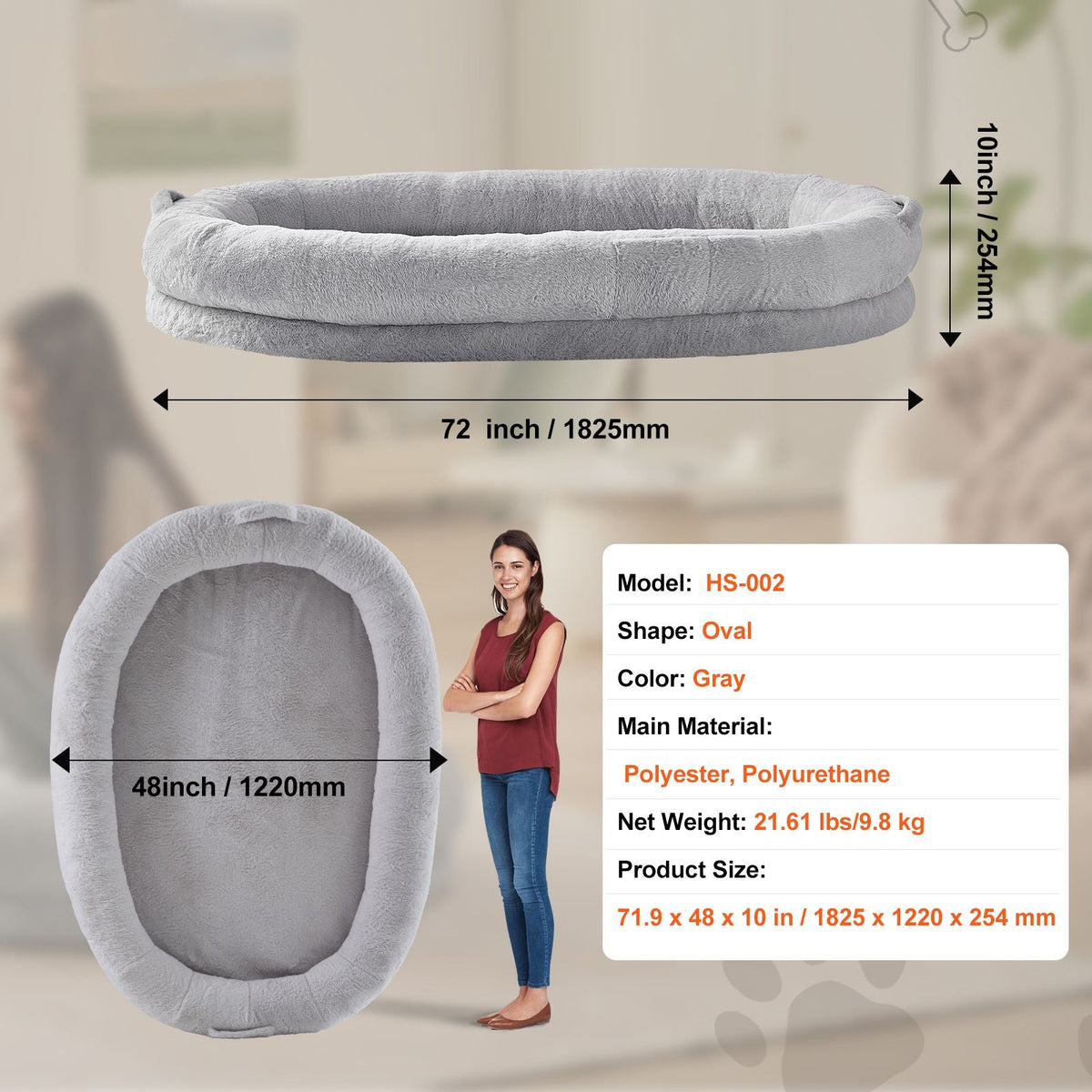 Human Dog Bed, 72" x48"x10" Human Dog Bed for Adult, Human Size Dog Bed with Washable Faux Rabbit Fur Cover, Egg Orthopedic Foam, Storage Pocket, Large Dog Bean Bed, Light Grey