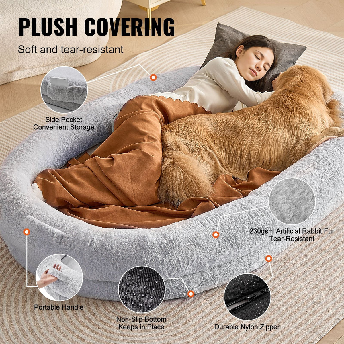 Human Dog Bed, 72" x48"x10" Human Dog Bed for Adult, Human Size Dog Bed with Washable Faux Rabbit Fur Cover, Egg Orthopedic Foam, Storage Pocket, Large Dog Bean Bed, Light Grey