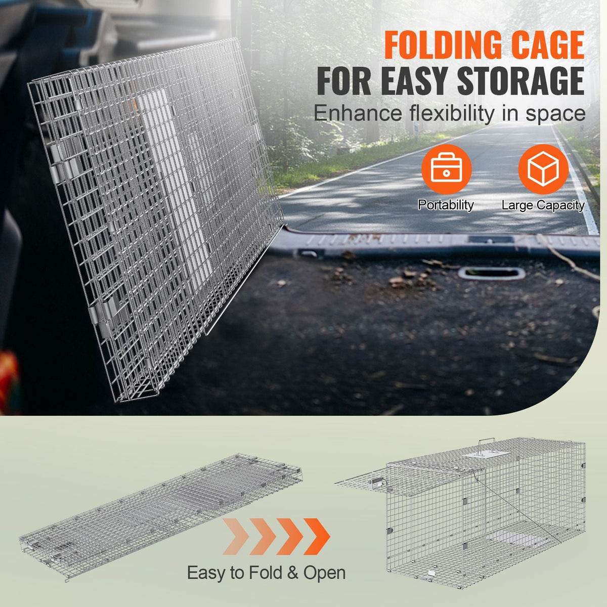 Humane Live Animal Trap, Dimensions 50" x 20" x 26", Crafted from Galvanized Iron, Collapsible Design with Carrying Handle for Capturing Stray Dogs, Armadillos, Raccoons, Marmots, and Foxes