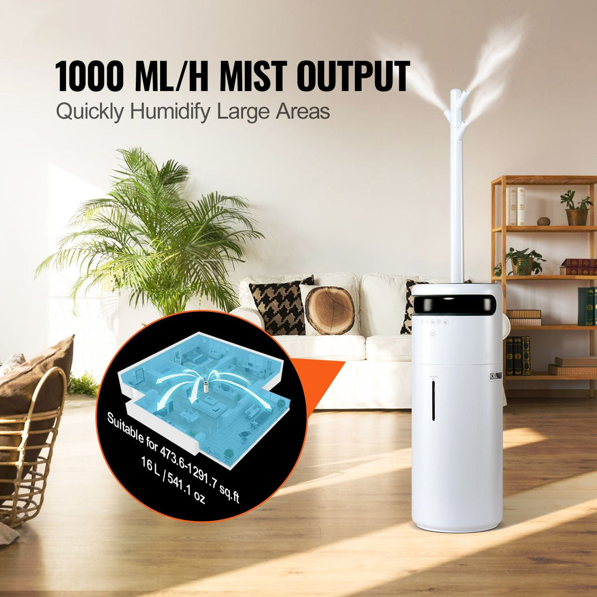 Humidifier for Home Large Room, Commercial Humidifier for Whole House 1291.7 sq ft, 16L Water Tank & Night Light & 12h Timer & Auto Shut-Off , Greenhouse, Commercial Branch Tube w/ 360° Nozzle