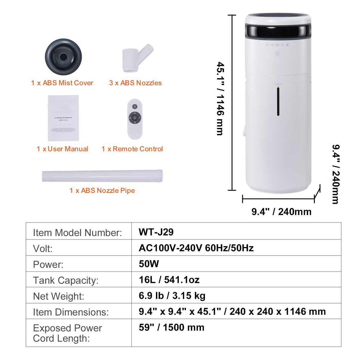 Humidifier for Home Large Room, Commercial Humidifier for Whole House 1291.7 sq ft, 16L Water Tank & Night Light & 12h Timer & Auto Shut-Off , Greenhouse, Commercial Branch Tube w/ 360° Nozzle