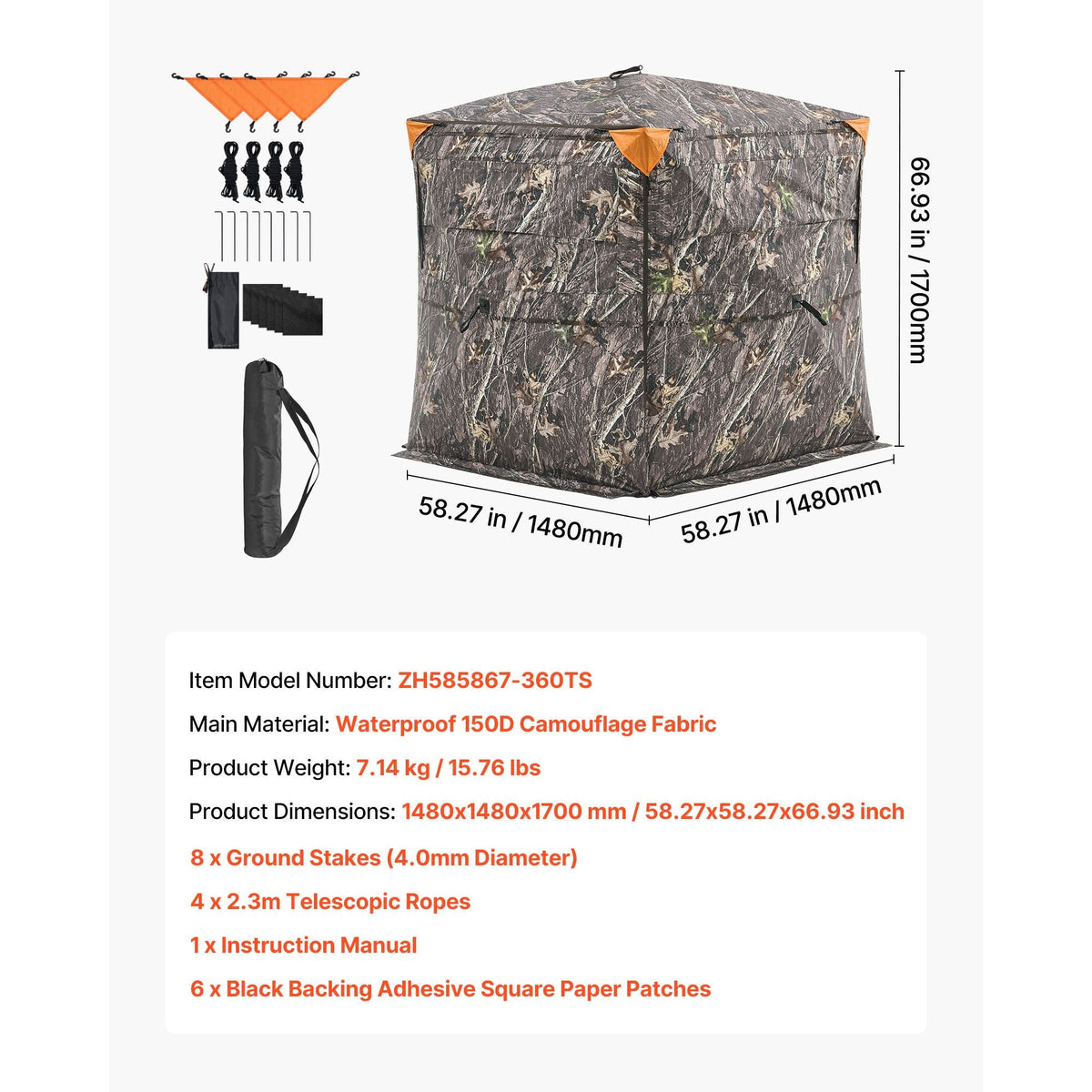 Hunting Blind, 2-3 Person See Through Ground Blinds with Carrying Bag, 360 Degree Portable Camouflage Tent, Durable Concealed Shelter with Silent Side Door and Window, for Turkey and Deer