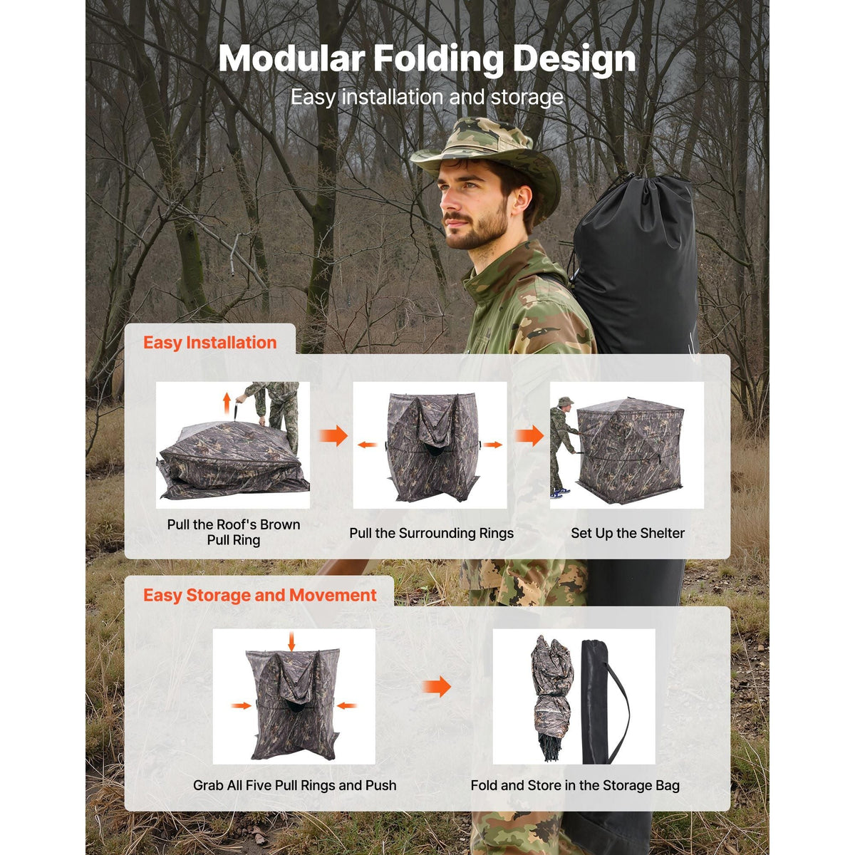 Hunting Blind, 2-3 Person See Through Ground Blinds with Carrying Bag, 360 Degree Portable Camouflage Tent, Durable Concealed Shelter with Silent Side Door and Window, for Turkey and Deer