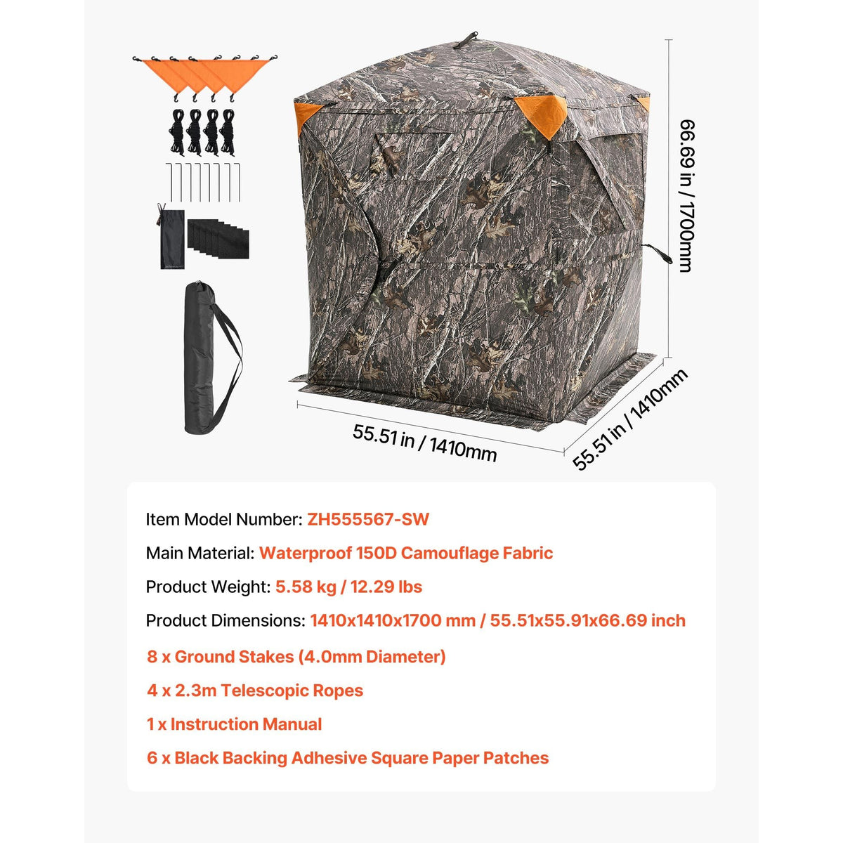 Hunting Blind, 270° Ground Blind, 1-2 Person Pop Up Deer Blind for Hunting with Carrying Bag, Portable Resilient Hunting Tent, 3 Horizontal Windows for Turkey and Deer Hunting