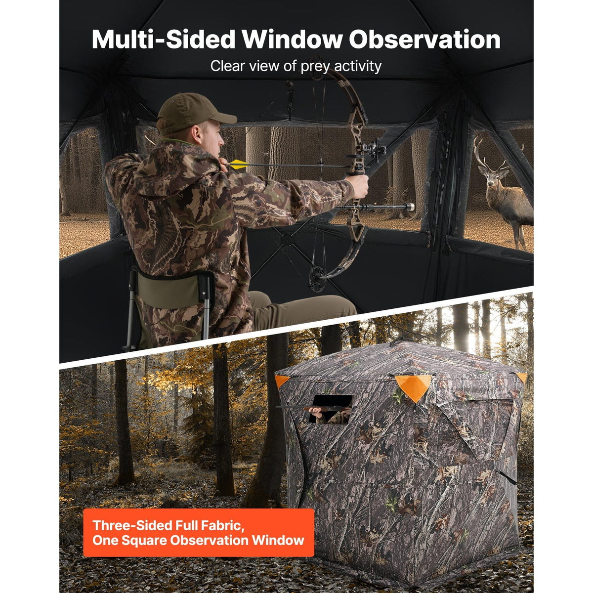 Hunting Blind, 270° See Through Ground Blind, 2-3 Person Pop Up Deer Blind for Hunting with Carrying Bag, Portable Resilient Hunting Tent, 3 Horizontal Windows for Turkey and Deer Hunting