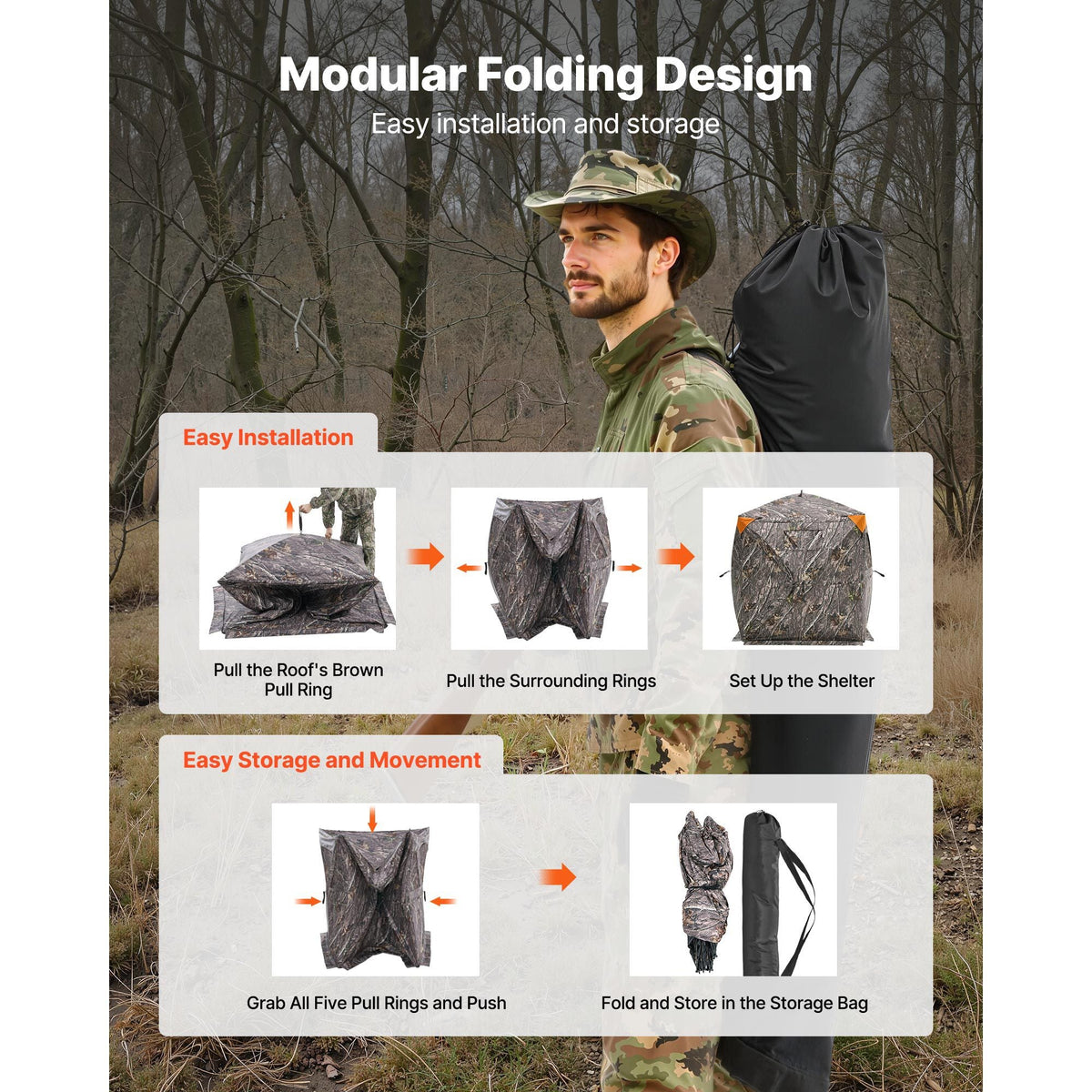 Hunting Blind, 270° See Through Ground Blind, 2-3 Person Pop Up Deer Blind for Hunting with Carrying Bag, Portable Resilient Hunting Tent, 3 Horizontal Windows for Turkey and Deer Hunting