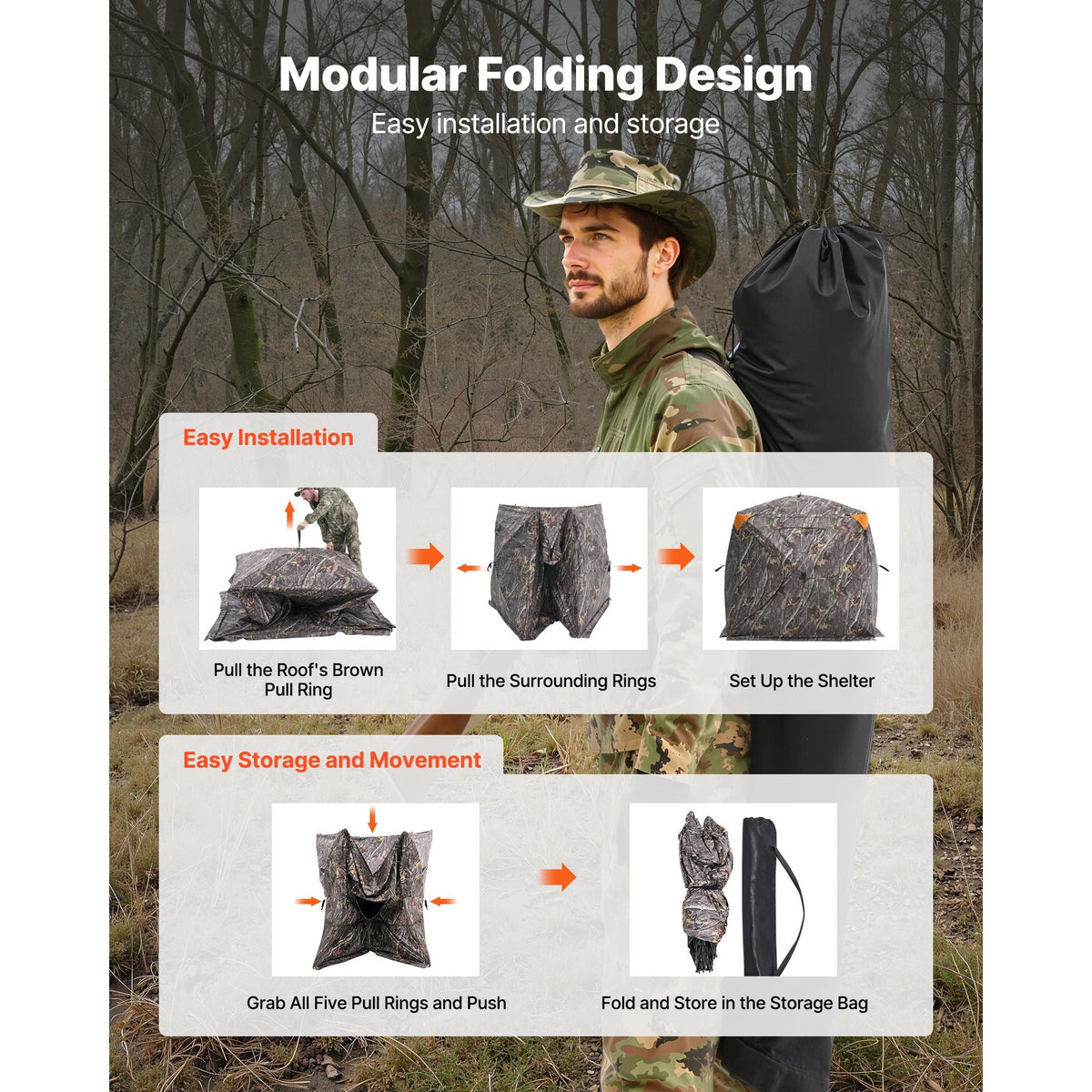 Hunting Blind, 270° See Through Ground Blind, 4-5 Person Pop Up Deer Blind for Hunting with Carrying Bag, Portable Resilient Hunting Tent, One-Way See-Through Mesh for Turkey and Deer Hunting
