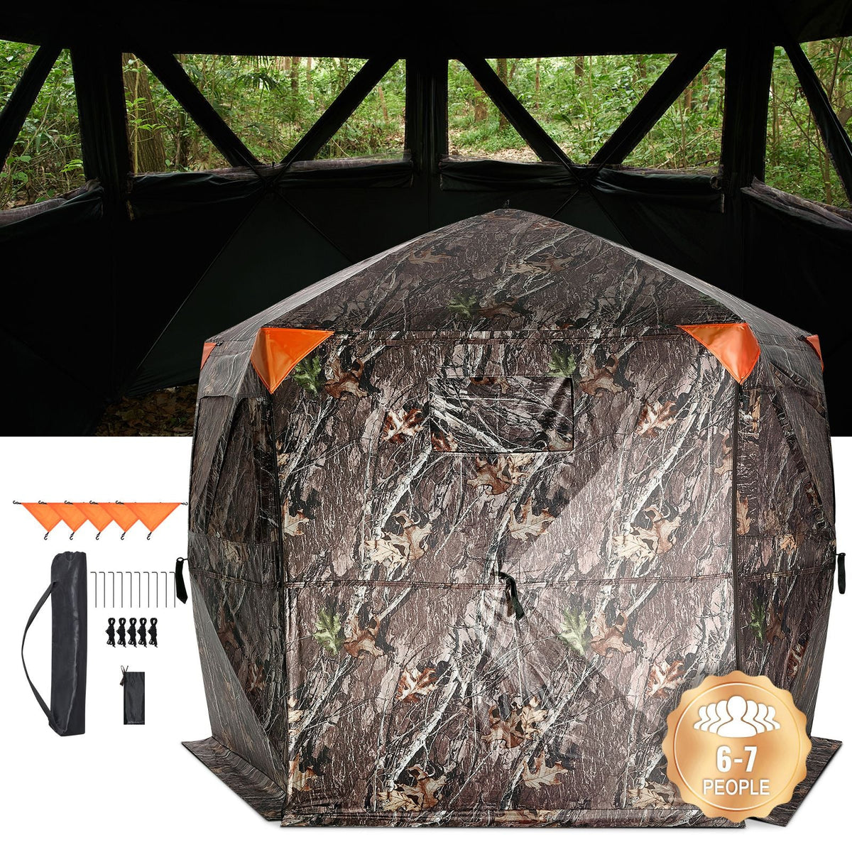 Hunting Blind, 288° See Through Ground Blind, 6-7 Person Pop Up Deer Blind for Hunting with Carrying Bag, Portable Resilient Hunting Tent, 4 Horizontal Windows for Turkey and Deer Hunting