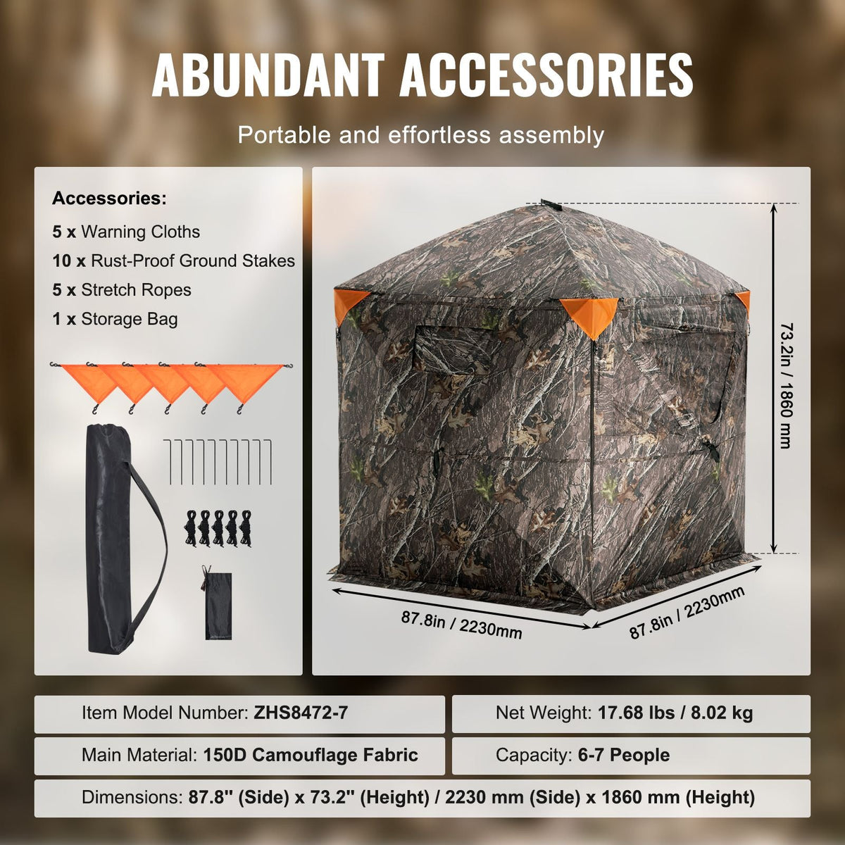 Hunting Blind, 288° See Through Ground Blind, 6-7 Person Pop Up Deer Blind for Hunting with Carrying Bag, Portable Resilient Hunting Tent, 4 Horizontal Windows for Turkey and Deer Hunting