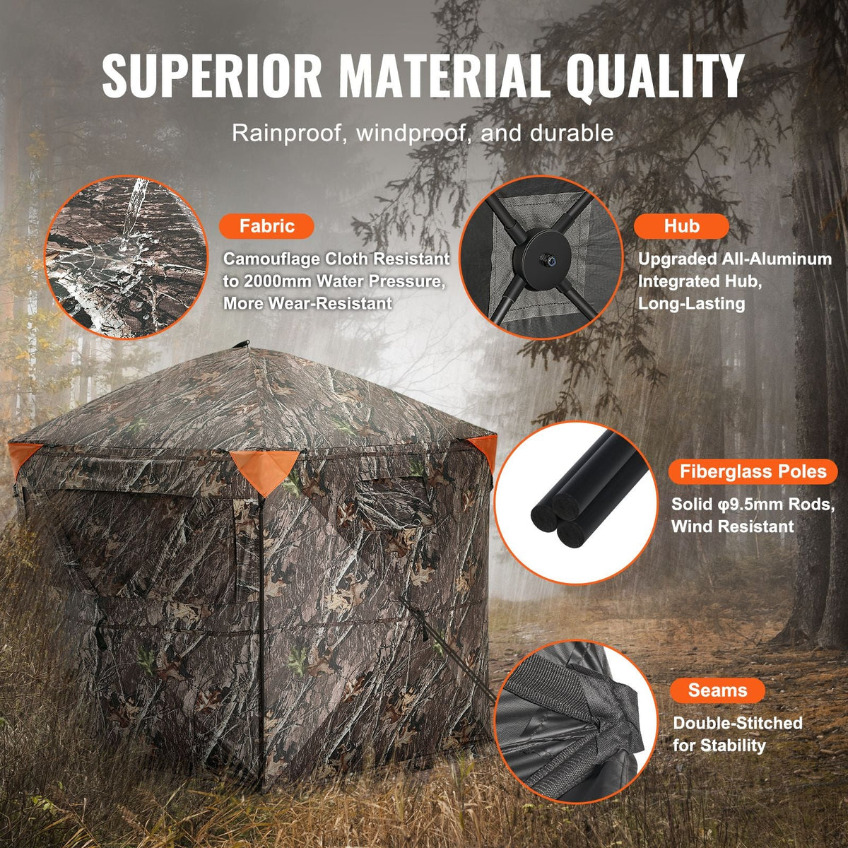 Hunting Blind, 288° See Through Ground Blind, 6-7 Person Pop Up Deer Blind for Hunting with Carrying Bag, Portable Resilient Hunting Tent, 4 Horizontal Windows for Turkey and Deer Hunting