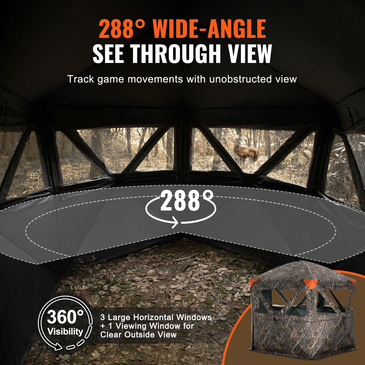 Hunting Blind, 288° See Through Ground Blind, 6-7 Person Pop Up Deer Blind for Hunting with Carrying Bag, Portable Resilient Hunting Tent, 4 Horizontal Windows for Turkey and Deer Hunting