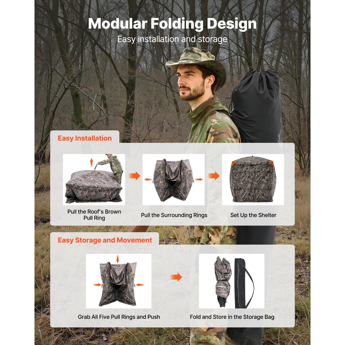 Hunting Blind, 4-5 Person See Through Ground Blinds with Carrying Bag, 270 Degree Portable Camouflage Tent, Durable Concealed Shelter with Silent Magnetic Door and Window, for Turkey and Deer