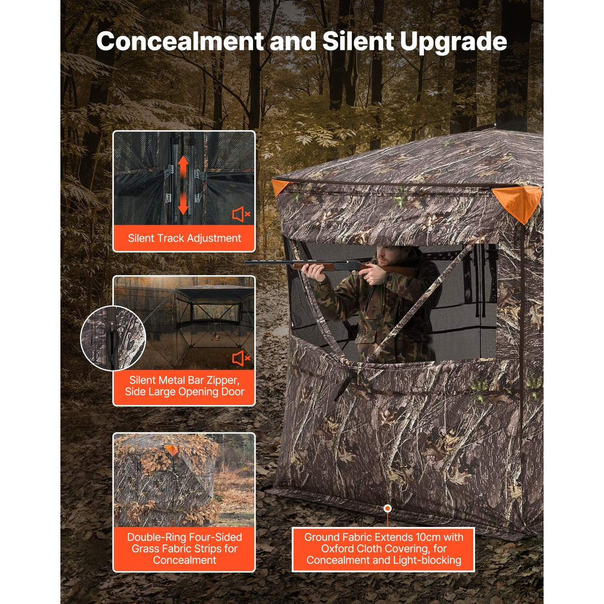 Hunting Blind, 4-5 Person See Through Ground Blinds with Carrying Bag, 360 Degree Portable Camouflage Tent, Durable Concealed Shelter with Silent Zipper Door and Window, for Turkey and Deer