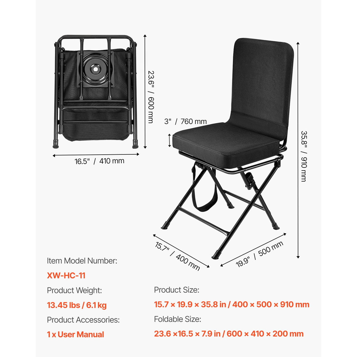 Hunting Chair, 360° Silent Swivel, Foldable Lightweight Portable Blind Chair, Heavy-Duty Steel Frame Ground Stool Seat, with Adjustable Shoulder Strap, 300 Lbs Capacity for Fishing, Camping