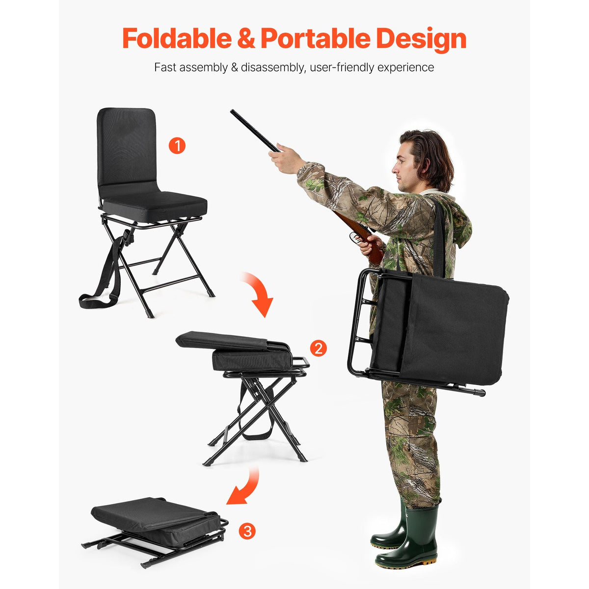 Hunting Chair, 360° Silent Swivel, Foldable Lightweight Portable Blind Chair, Heavy-Duty Steel Frame Ground Stool Seat, with Adjustable Shoulder Strap, 300 Lbs Capacity for Fishing, Camping