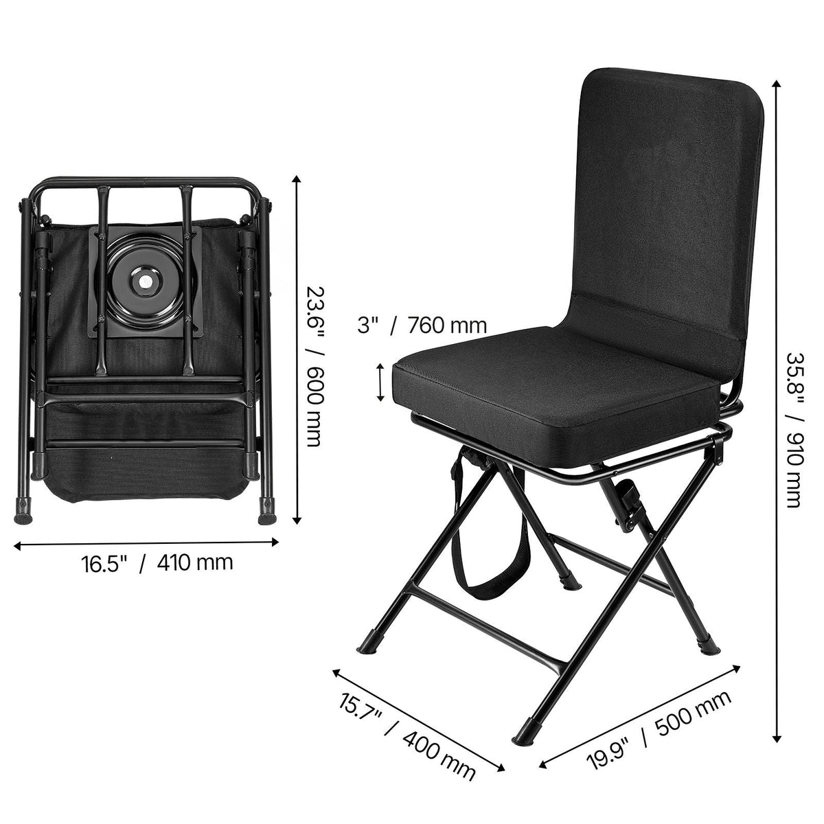Hunting Chair, 360° Silent Swivel, Foldable Lightweight Portable Blind Chair, Heavy-Duty Steel Frame Ground Stool Seat, with Adjustable Shoulder Strap, 300 Lbs Capacity for Fishing, Camping