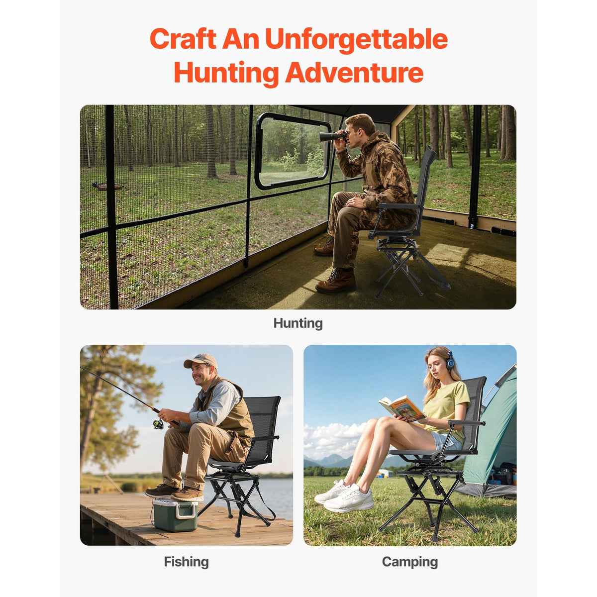 Hunting Chair, 360° Silent Swivel, Foldable Lightweight Portable Blind Chair, Heavy-Duty Steel Frame Ground Stool Seat, with Armrest, Adjustable Carry Strap, 300 Lbs Capacity for Fishing Camping