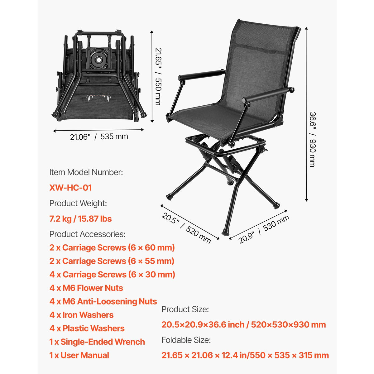Hunting Chair, 360° Silent Swivel, Foldable Lightweight Portable Blind Chair, Heavy-Duty Steel Frame Ground Stool Seat, with Armrest, Adjustable Carry Strap, 300 Lbs Capacity for Fishing Camping