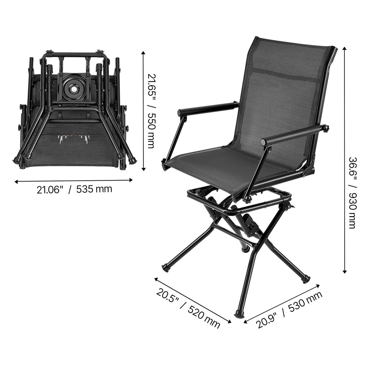 Hunting Chair, 360° Silent Swivel, Foldable Lightweight Portable Blind Chair, Heavy-Duty Steel Frame Ground Stool Seat, with Armrest, Adjustable Carry Strap, 300 Lbs Capacity for Fishing Camping