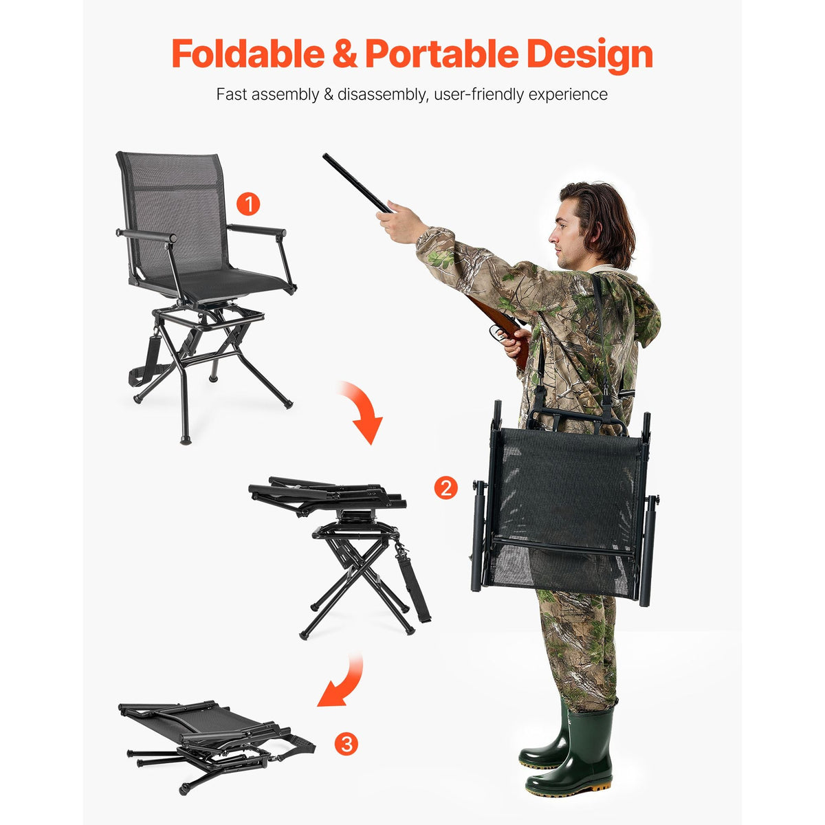 Hunting Chair, 360° Silent Swivel, Foldable Lightweight Portable Blind Chair, Heavy-Duty Steel Frame Ground Stool Seat, with Armrest, Adjustable Carry Strap, 300 Lbs Capacity for Fishing Camping