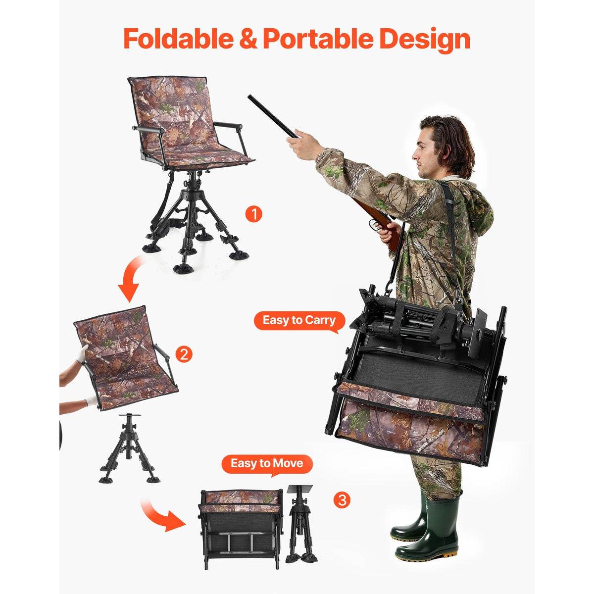 Hunting Chair, 360° Silent Swivel, Foldable Portable Blind Chair, Heavy-Duty Steel Frame Ground Stool Seat, with Armrests, Cover, Anti-Sink Feet, Height Adjustable, 350 Lbs Capacity for Camping