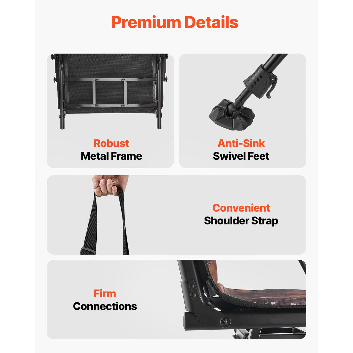 Hunting Chair, 360° Silent Swivel, Foldable Portable Blind Chair, Heavy-Duty Steel Frame Ground Stool Seat, with Armrests, Cover, Anti-Sink Feet, Height Adjustable, 350 Lbs Capacity for Camping