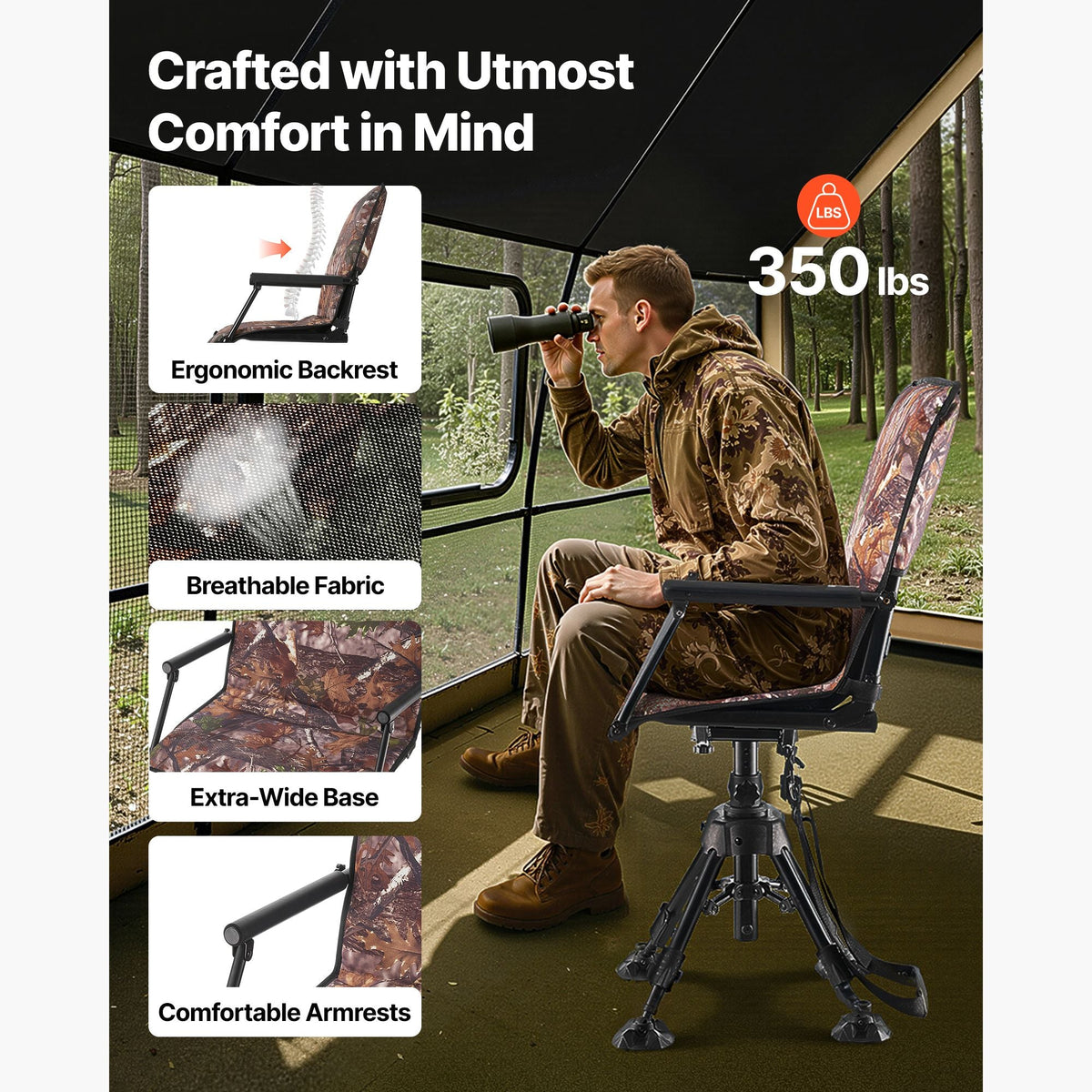 Hunting Chair, 360° Silent Swivel, Foldable Portable Blind Chair, Heavy-Duty Steel Frame Ground Stool Seat, with Armrests, Cover, Anti-Sink Feet, Height Adjustable, 350 Lbs Capacity for Camping