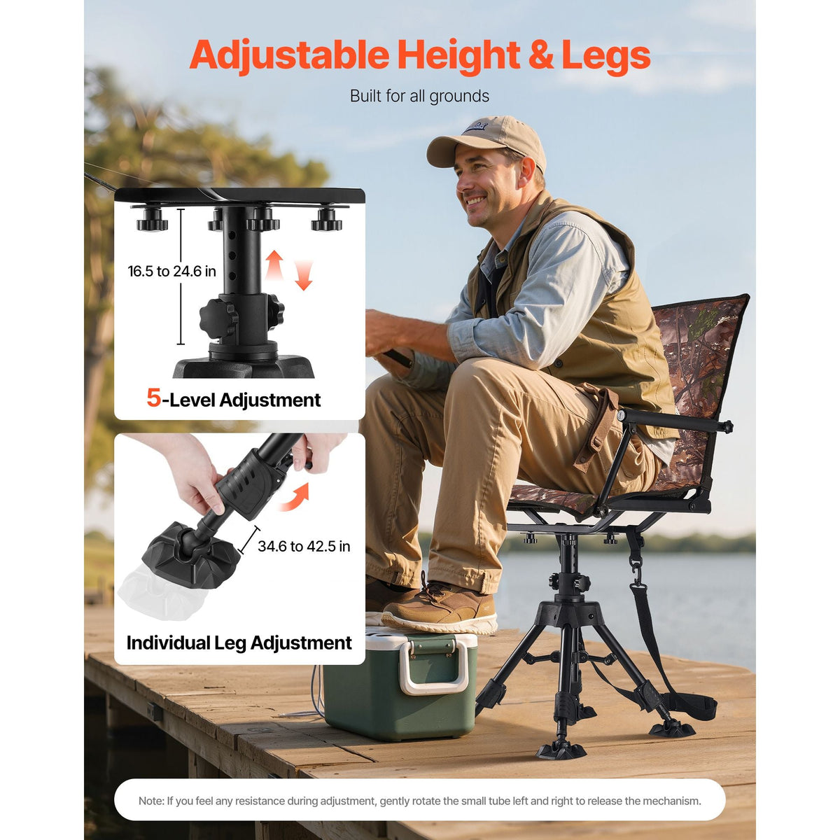 Hunting Chair, 360° Silent Swivel, Foldable Portable Blind Chair, Heavy-Duty Steel Frame Ground Stool Seat, with Armrests, Cover, Anti-Sink Feet, Height Adjustable, 350 Lbs Capacity for Camping