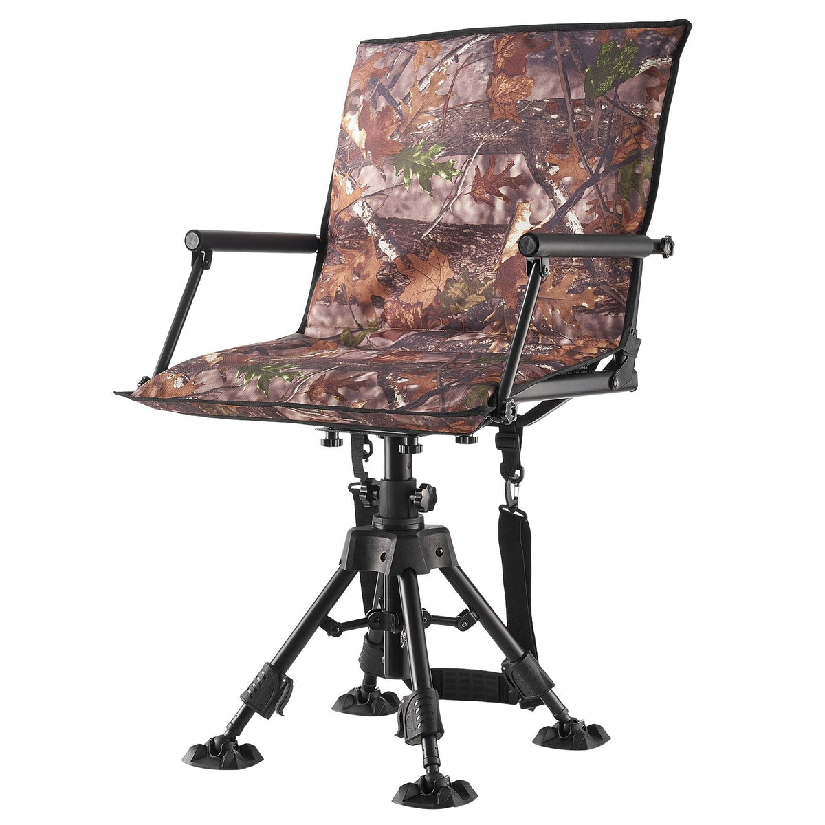 Hunting Chair, 360° Silent Swivel, Foldable Portable Blind Chair, Heavy-Duty Steel Frame Ground Stool Seat, with Armrests, Cover, Anti-Sink Feet, Height Adjustable, 350 Lbs Capacity for Camping