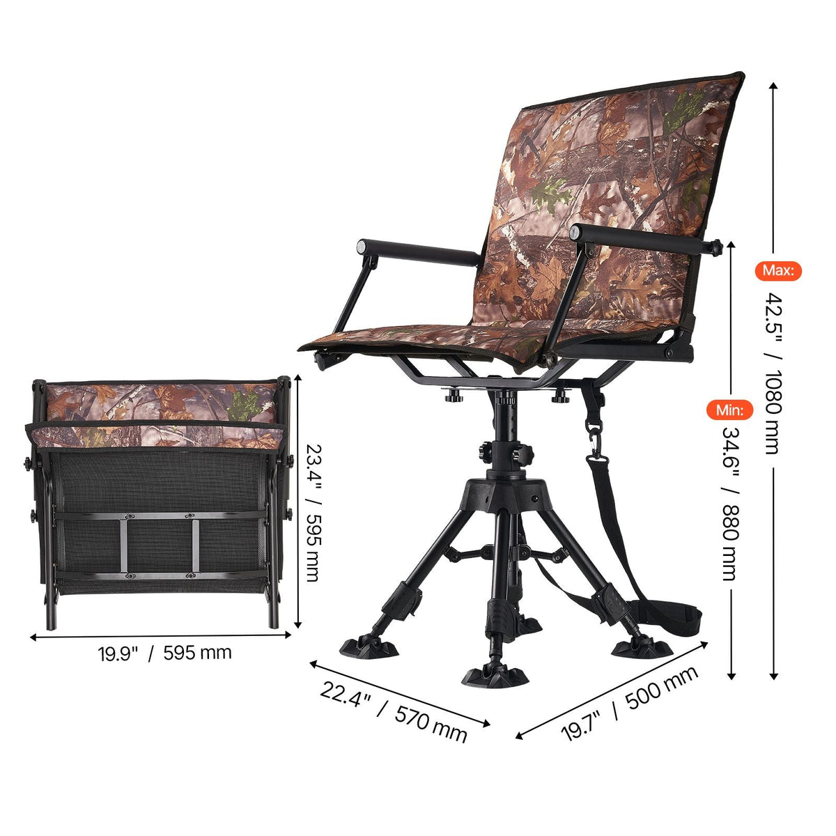 Hunting Chair, 360° Silent Swivel, Foldable Portable Blind Chair, Heavy-Duty Steel Frame Ground Stool Seat, with Armrests, Cover, Anti-Sink Feet, Height Adjustable, 350 Lbs Capacity for Camping