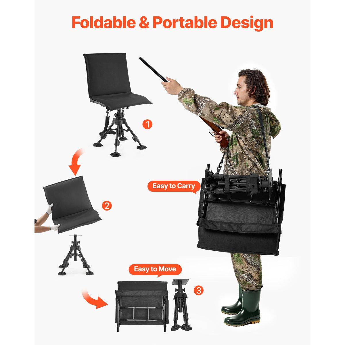 Hunting Chair, 360° Silent Swivel, Foldable Portable Blind Chair, Heavy-Duty Steel Frame Ground Stool Seat,with Seat Cover, Anti-Sink Feet, Height Adjustable, 350 Lbs Capacity, for Fishing