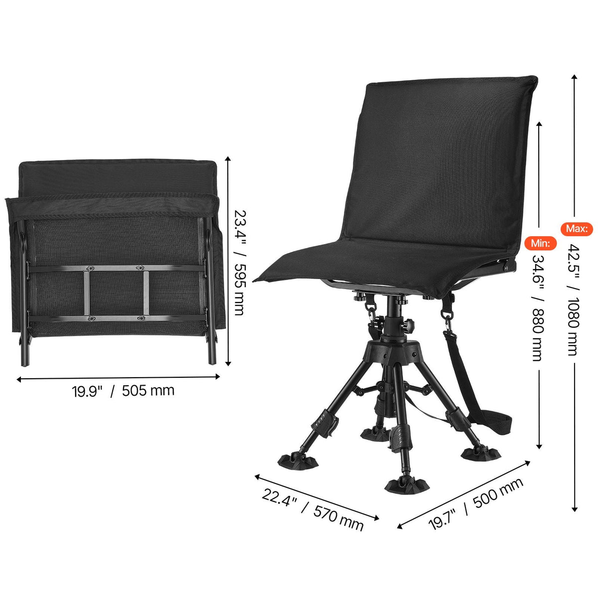 Hunting Chair, 360° Silent Swivel, Foldable Portable Blind Chair, Heavy-Duty Steel Frame Ground Stool Seat,with Seat Cover, Anti-Sink Feet, Height Adjustable, 350 Lbs Capacity, for Fishing