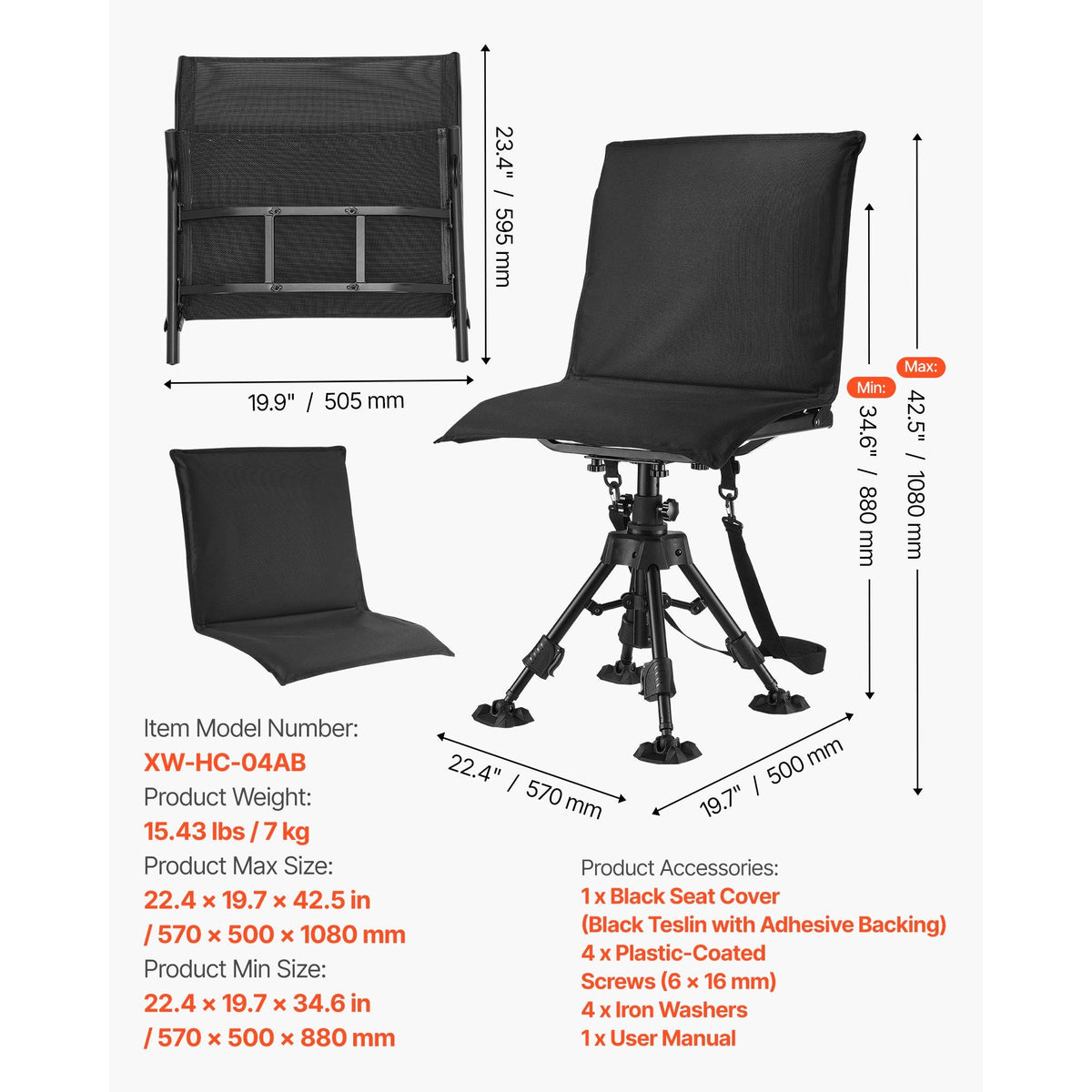 Hunting Chair, 360° Silent Swivel, Foldable Portable Blind Chair, Heavy-Duty Steel Frame Ground Stool Seat,with Seat Cover, Anti-Sink Feet, Height Adjustable, 350 Lbs Capacity, for Fishing
