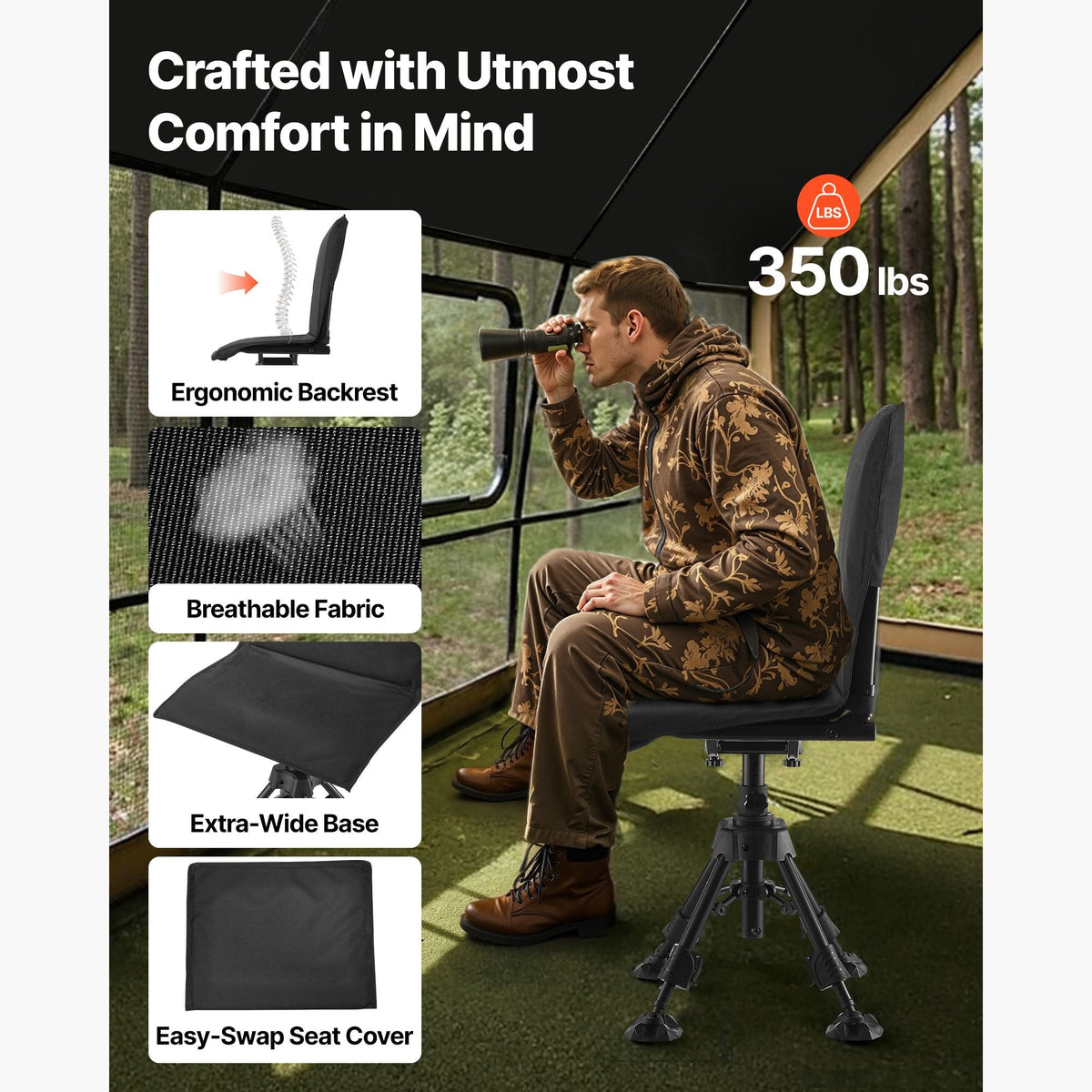 Hunting Chair, 360° Silent Swivel, Foldable Portable Blind Chair, Heavy-Duty Steel Frame Ground Stool Seat,with Seat Cover, Anti-Sink Feet, Height Adjustable, 350 Lbs Capacity, for Fishing