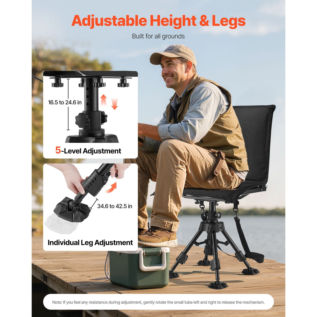 Hunting Chair, 360° Silent Swivel, Foldable Portable Blind Chair, Heavy-Duty Steel Frame Ground Stool Seat,with Seat Cover, Anti-Sink Feet, Height Adjustable, 350 Lbs Capacity, for Fishing