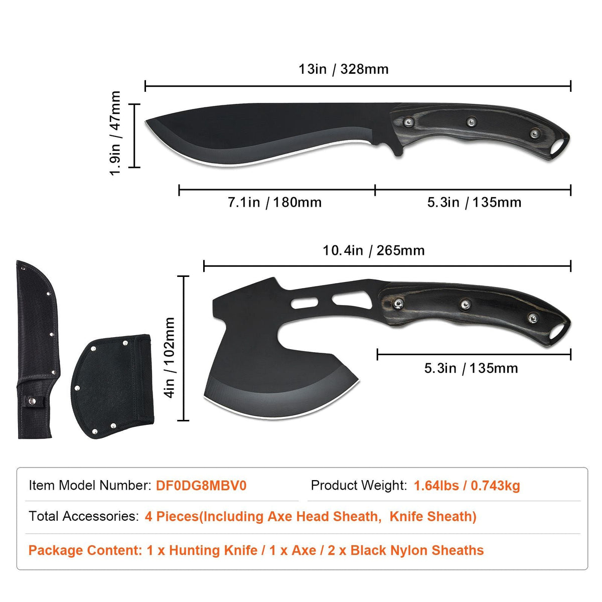 Hunting Knife and Hatchet Axe Combo Set with Sheath, Fixed Blade Tactical Knife and Camping Axe, Stainless Steel Survival Knife and Camping Hatchet for Outdoor Survival Hunting Camping Adventure