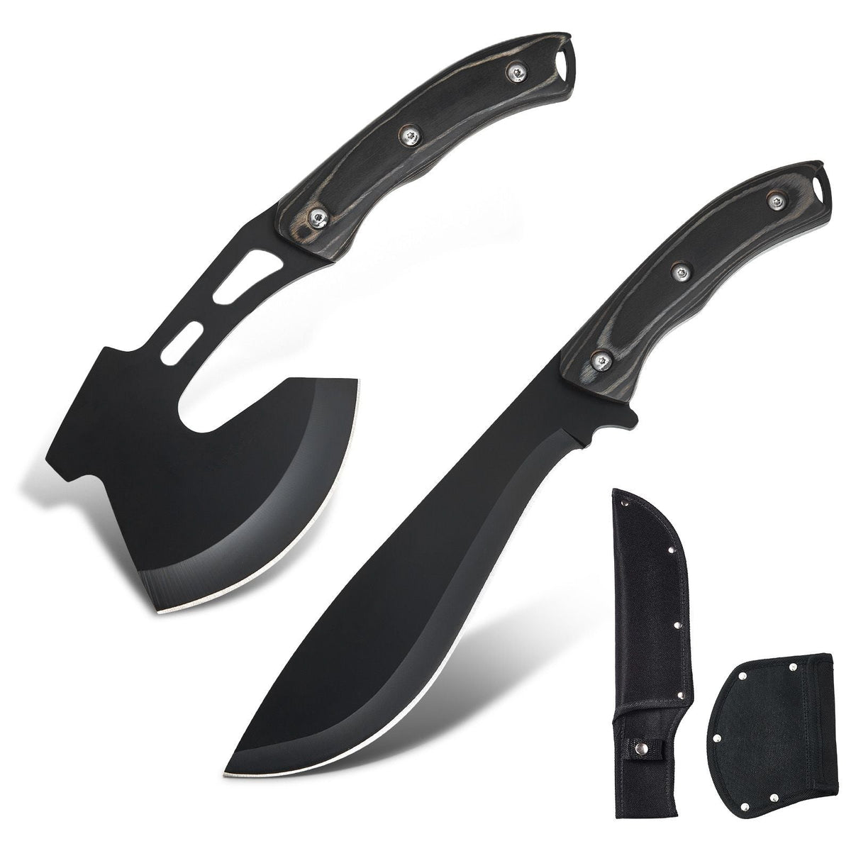 Hunting Knife and Hatchet Axe Combo Set with Sheath, Fixed Blade Tactical Knife and Camping Axe, Stainless Steel Survival Knife and Camping Hatchet for Outdoor Survival Hunting Camping Adventure