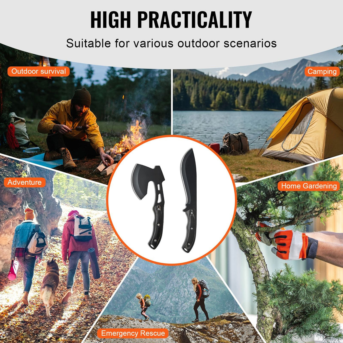 Hunting Knife and Hatchet Axe Combo Set with Sheath, Fixed Blade Tactical Knife and Camping Axe, Stainless Steel Survival Knife and Camping Hatchet for Outdoor Survival Hunting Camping Adventure