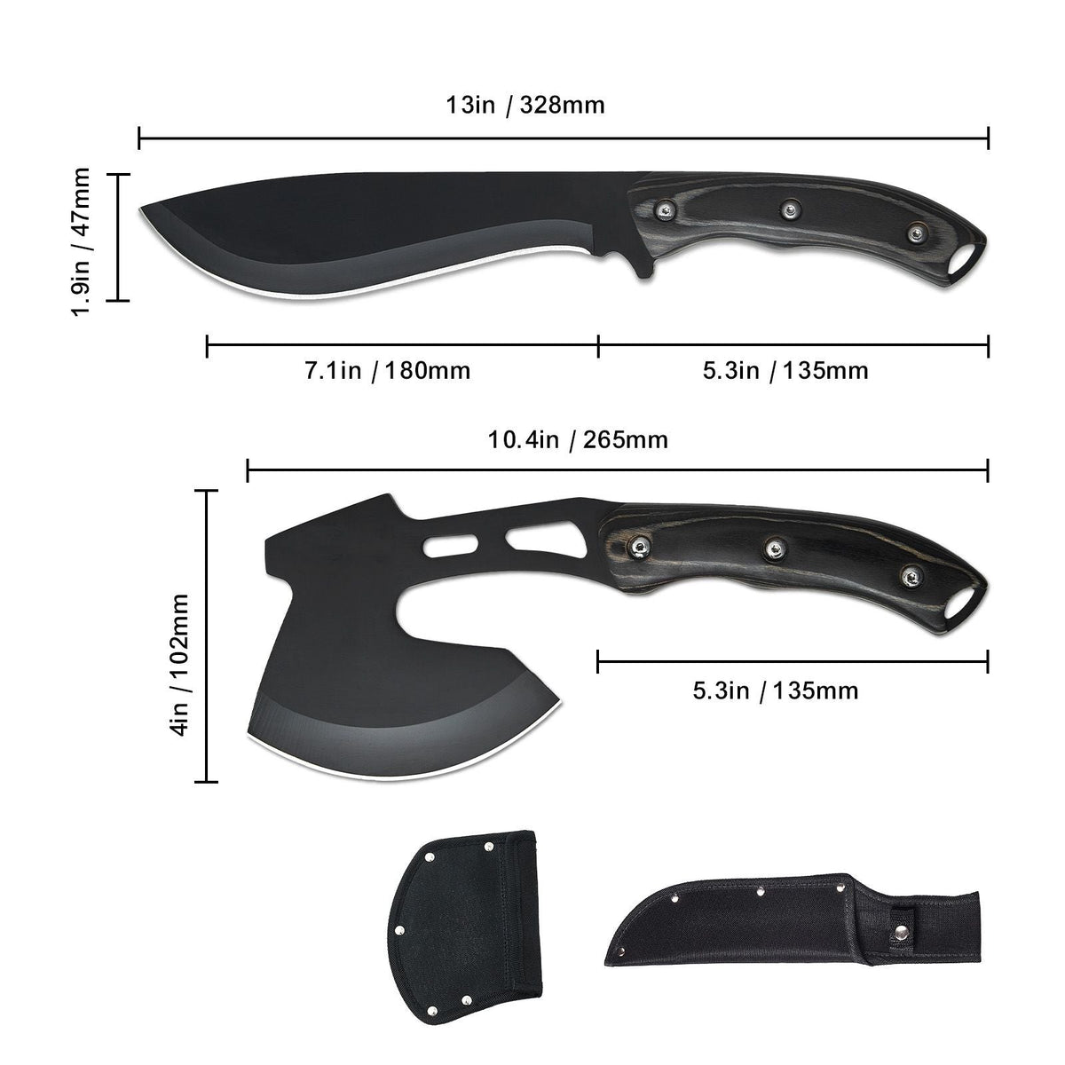 Hunting Knife and Hatchet Axe Combo Set with Sheath, Fixed Blade Tactical Knife and Camping Axe, Stainless Steel Survival Knife and Camping Hatchet for Outdoor Survival Hunting Camping Adventure