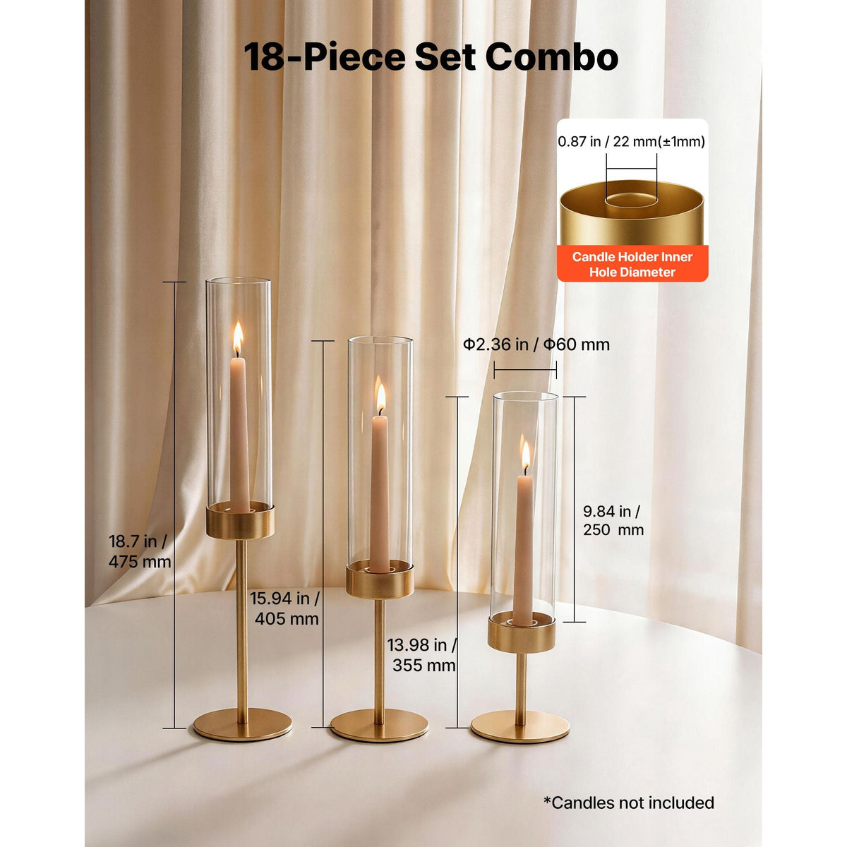 Hurricane Candle Holders Set of 18, Gold Metal Stand with Clear Glass Cylinders, Elegant Tiered Centerpieces Wind Protection for Wedding, Table Centerpieces, Party, Home Decor, Modern Style