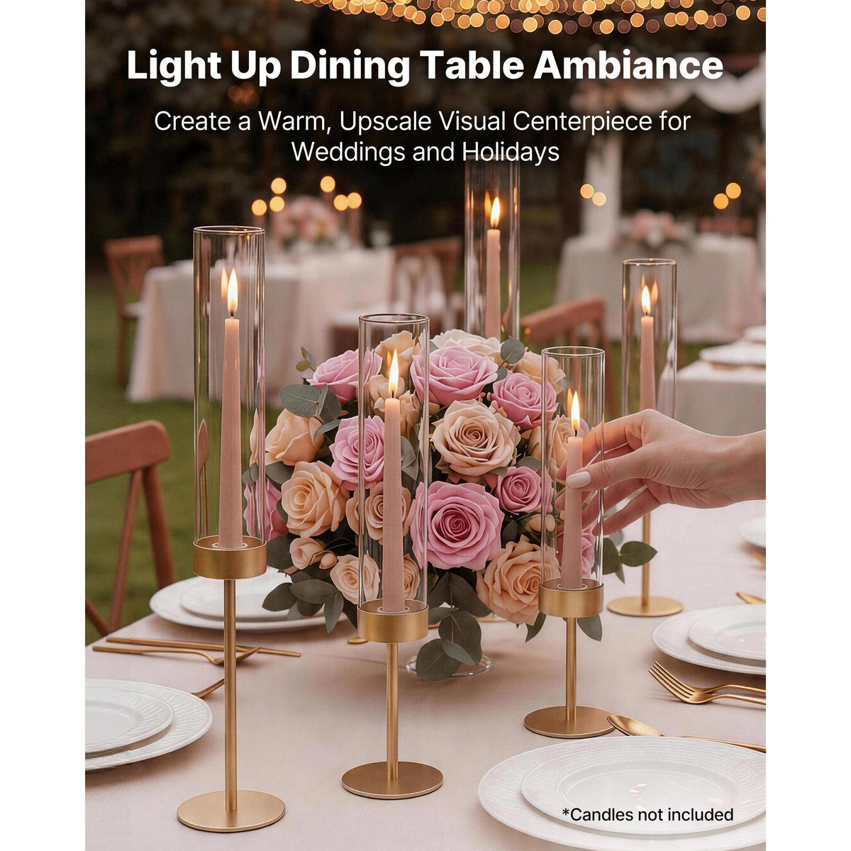 Hurricane Candle Holders Set of 18, Gold Metal Stand with Clear Glass Cylinders, Elegant Tiered Centerpieces Wind Protection for Wedding, Table Centerpieces, Party, Home Decor, Modern Style