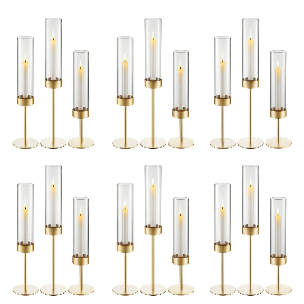 Hurricane Candle Holders Set of 18, Gold Metal Stand with Clear Glass Cylinders, Elegant Tiered Centerpieces Wind Protection for Wedding, Table Centerpieces, Party, Home Decor, Modern Style