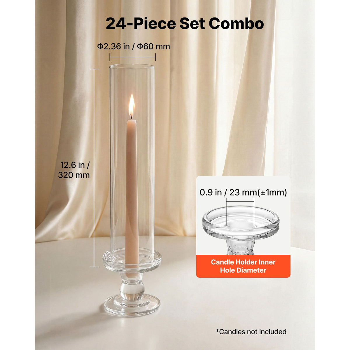 Hurricane Candle Holders Set of 24, 12.6 in Tall Clear Glass Taper Candle Holders, High Borosilicate Glass, 2.36 in Cylinder for Wedding, Table Centerpiece, Party, Home Decor, Wind Protection