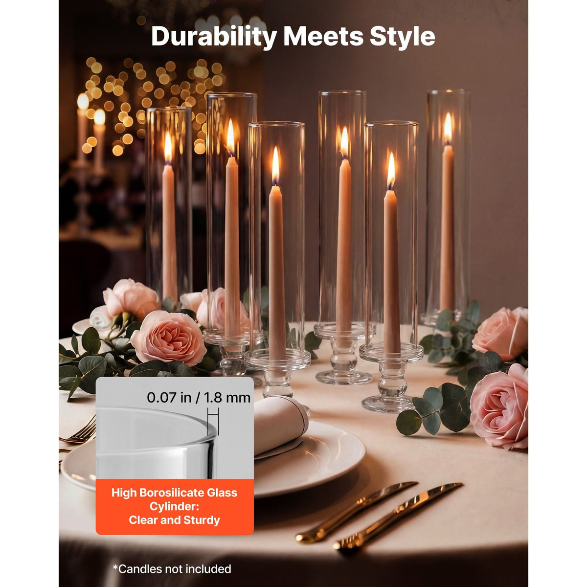 Hurricane Candle Holders Set of 24, 12.6 in Tall Clear Glass Taper Candle Holders, High Borosilicate Glass, 2.36 in Cylinder for Wedding, Table Centerpiece, Party, Home Decor, Wind Protection
