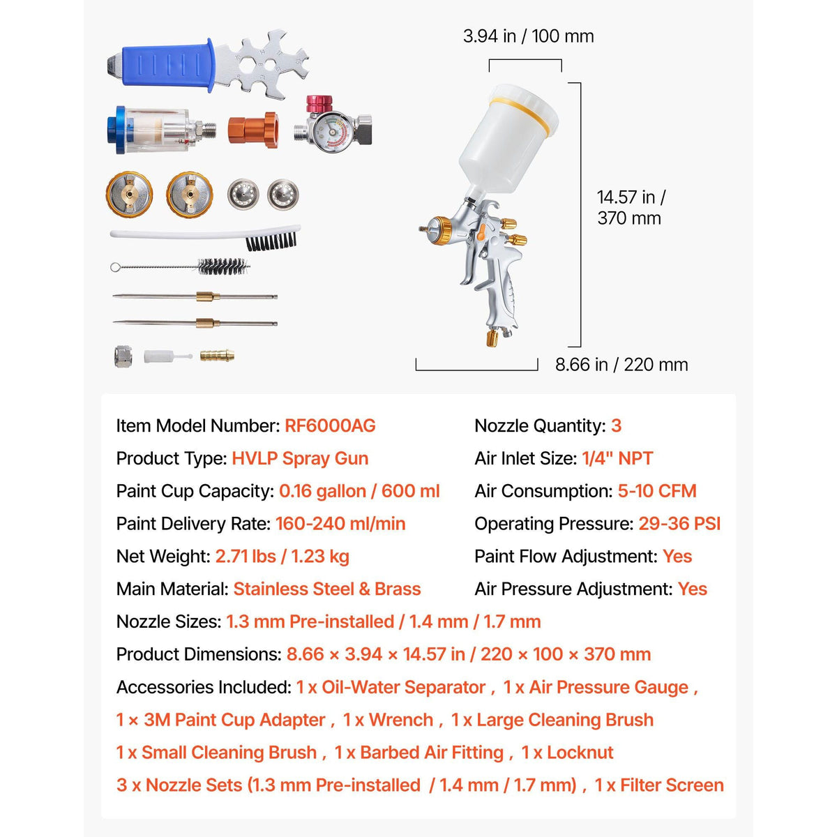 HVLP Air Spray Gun, Gravity Feed Paint Sprayer Gun with 3 Nozzles (1.3/1.4/1.7mm), 600ml Capacity Auto Paint Sprayer with Air Regulator for Automotive Primers, Clear Coats & Topcoats