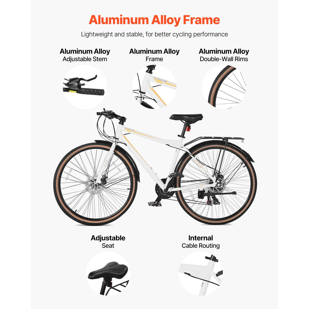 Hybrid Bike, Lightweight Aluminum Frame Bike, 700c Wheel Men Women Hybrid Bicycle, Step-Over Adult Urban City Commuter Bikes, with 24-Speed Shimano Drivetrain, Alloy Adjustable Stem, Dual Brakes