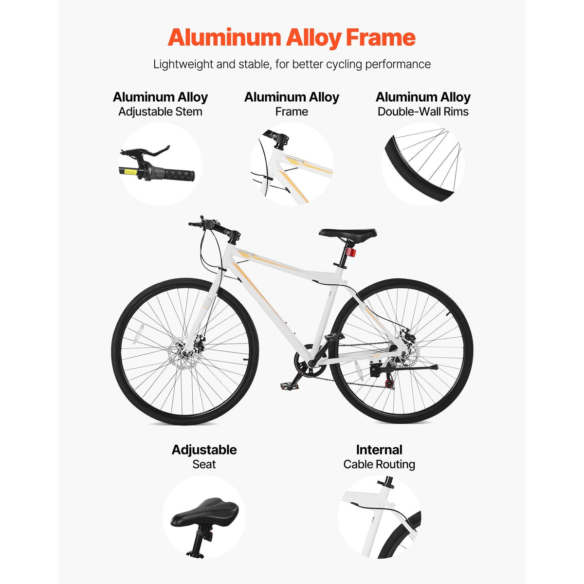 Hybrid Bike, Lightweight Aluminum Frame Bike, 700c Wheel Men Women Hybrid Bicycle, Step-Over Adult Urban City Commuter Bikes, with 7 Speed, Alloy Adjustable Stem, Disc Brakes, Adjustable Seat