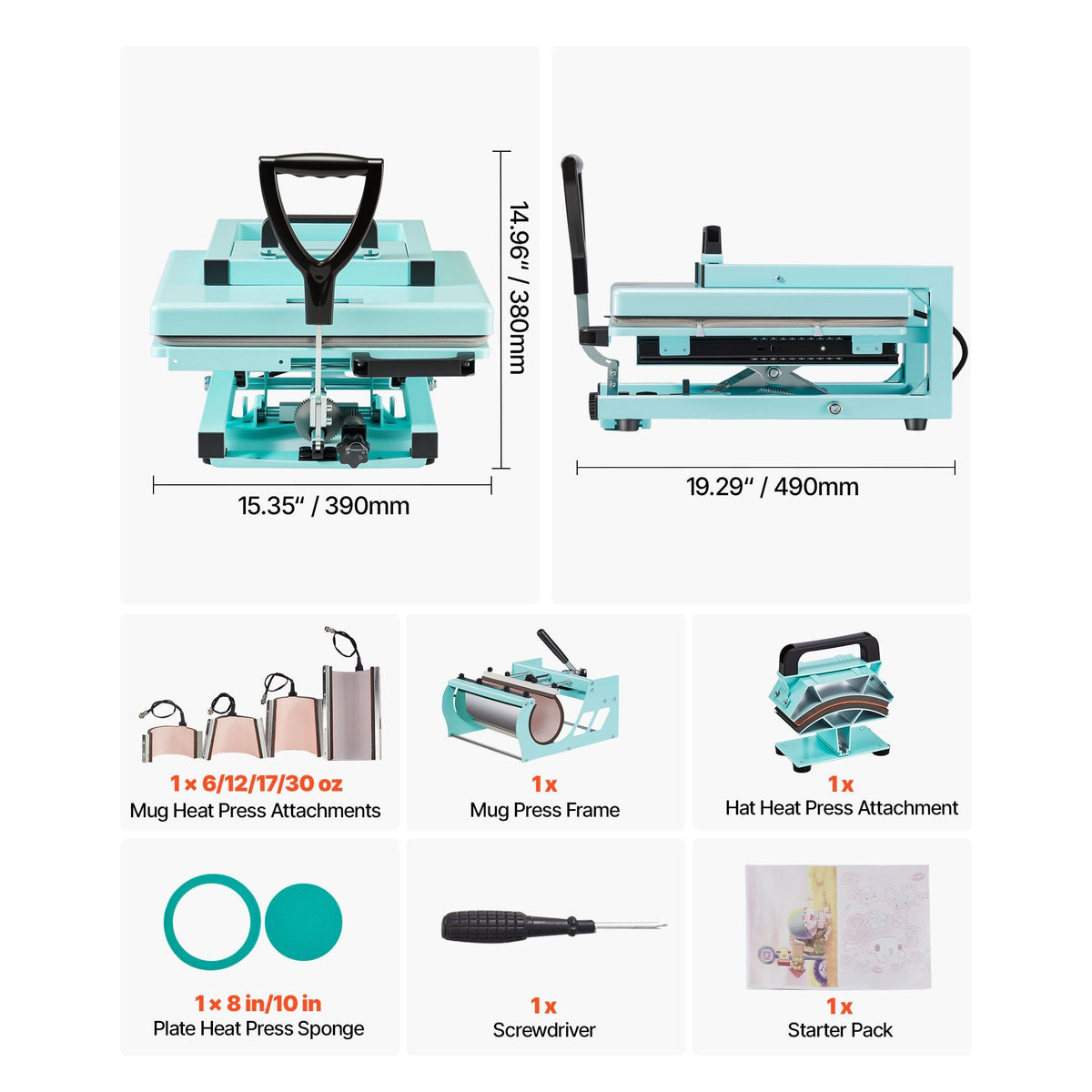 Hybrid Heat Press, 15 x 15 inch, 8-in-1 Multifunction, Heat Up Fast and Even, All-New Patented Design, Easy to Control, Sublimation Press Machine for T-shirts/Tumblers/Caps/Plates, Light Green